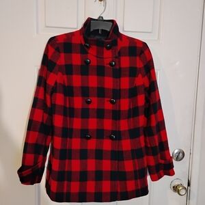 New! Wool Talbots Red and Black Plaid Pea Coat